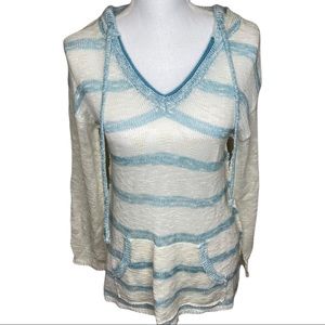 Women’s Hem & Thread Hooded V Neck Pullover Sweater Cream & Teal Size Small
